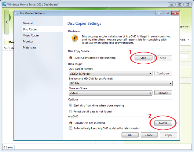 Click on the 'Disc Copier' on the left side. 1. If you would like to use the disc copier, click 'Start' to start the service. 2. Install AnyDVD if you want to copy protected discs.