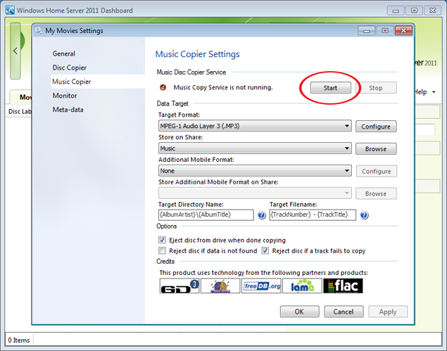 Click on the 'Music Copier' on the left side. The 'Music Copier' copies audio CD's to your server. If you would like to use the music disc copier, click 'Start' to start the service.